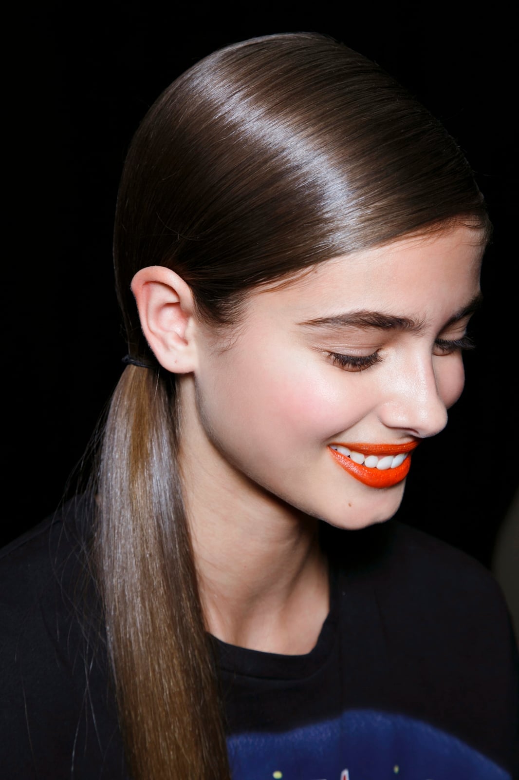 Glossy Dark Brown Straight Mid-Back Ponytail — Side Part Ponytail