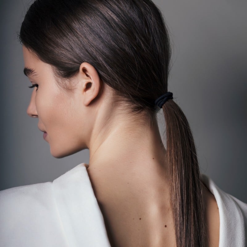Sleek Fine Dark Brown Shoulder Ponytail — Side Part Ponytail