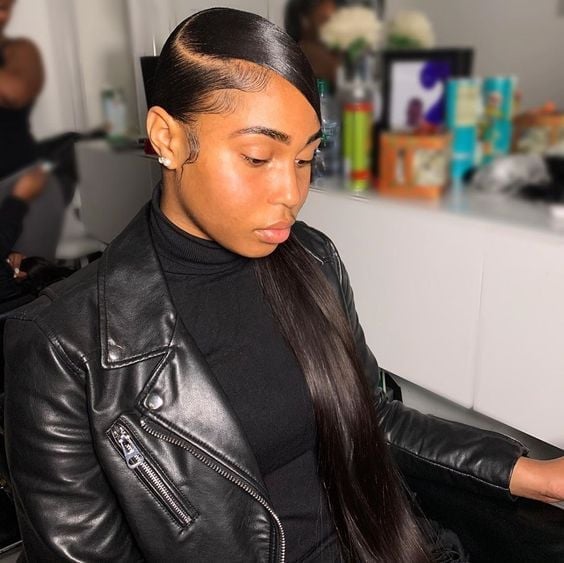 Sleek Black Mid-Back Ponytail With Baby Hairs — Side Part Ponytail