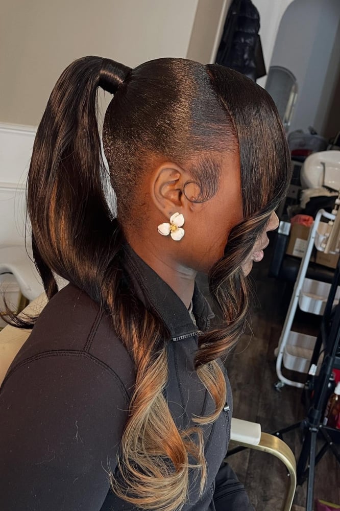 High Dark Brown Blonde Highlighted Ponytail — Side Part Ponytail