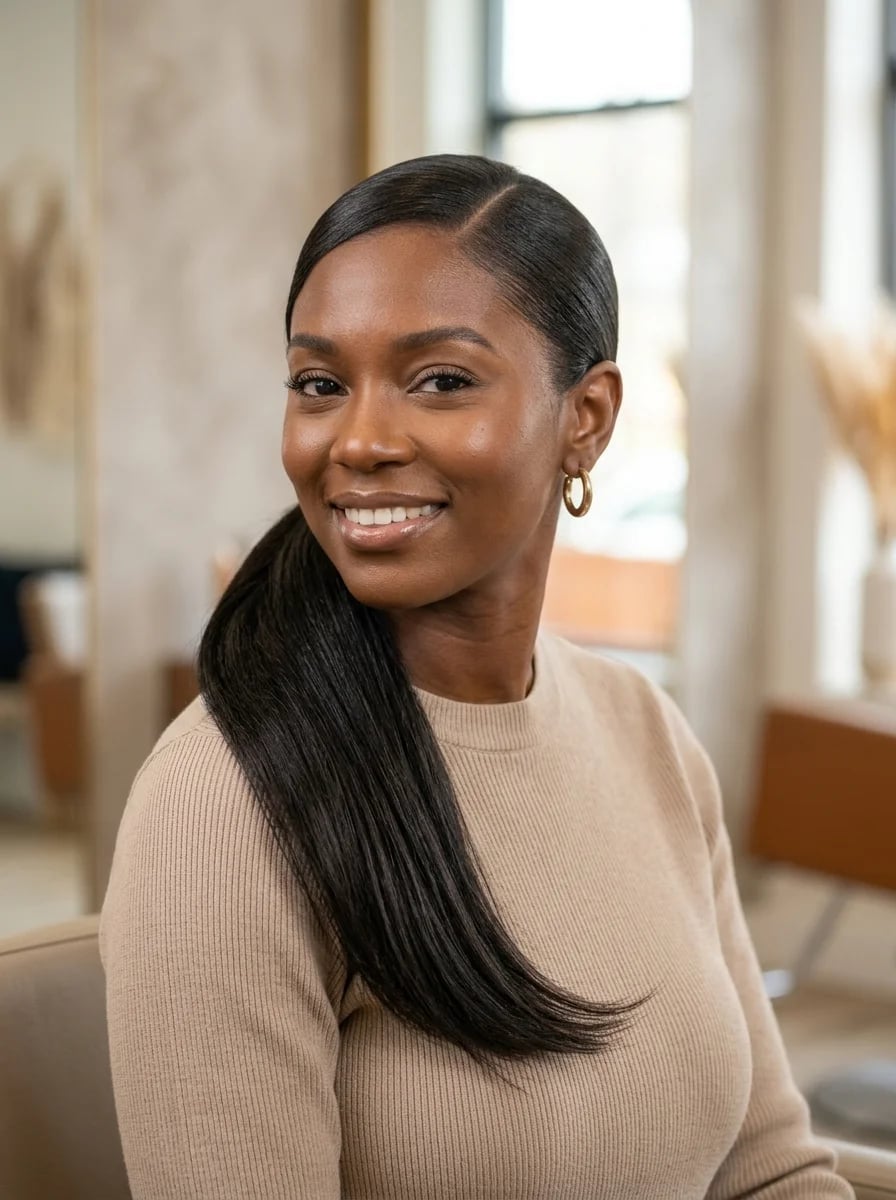 Sleek Black Collarbone Ponytail — Side Part Ponytail