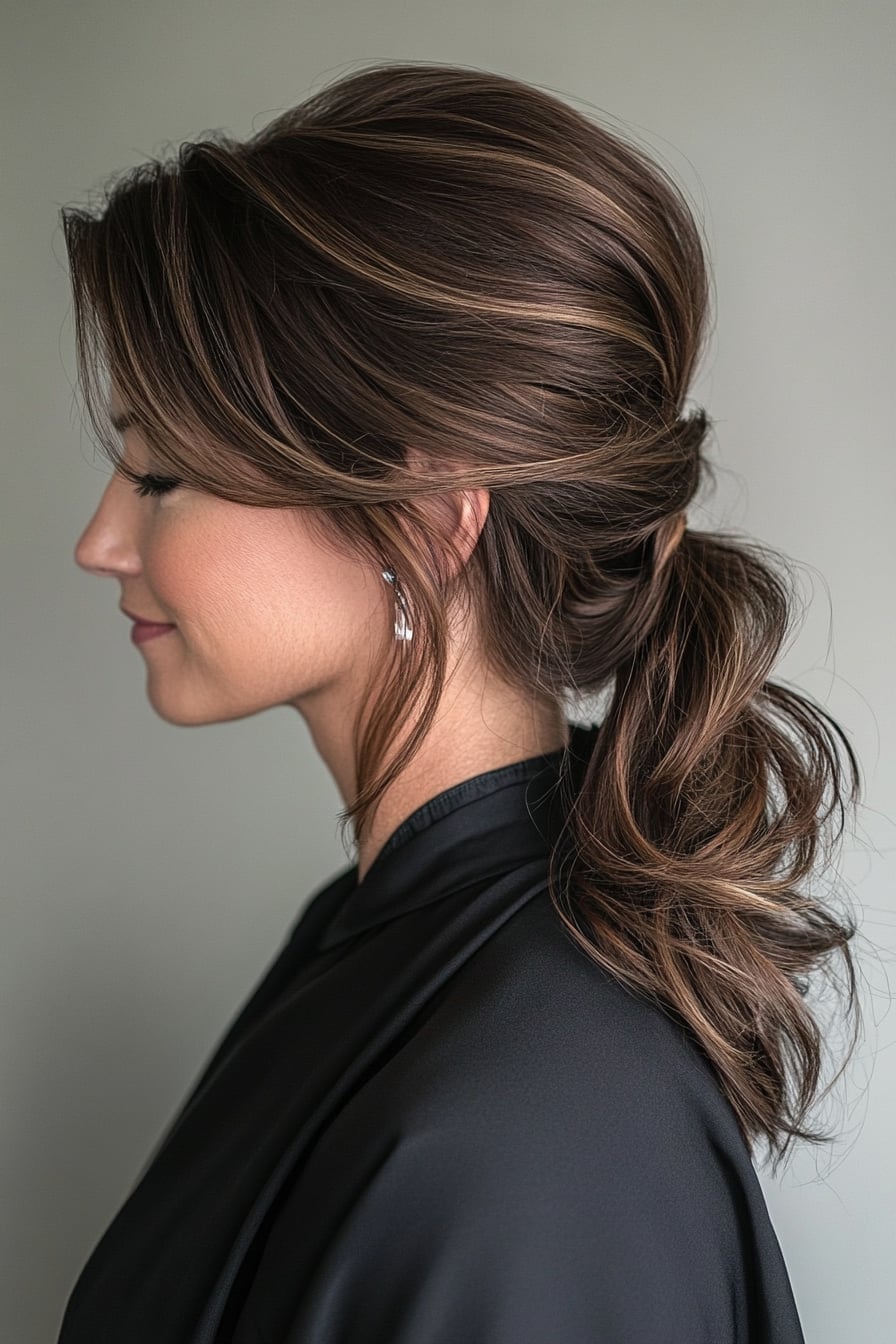 Dark Brown Collarbone Ponytail With Side Bangs — Side Part Ponytail