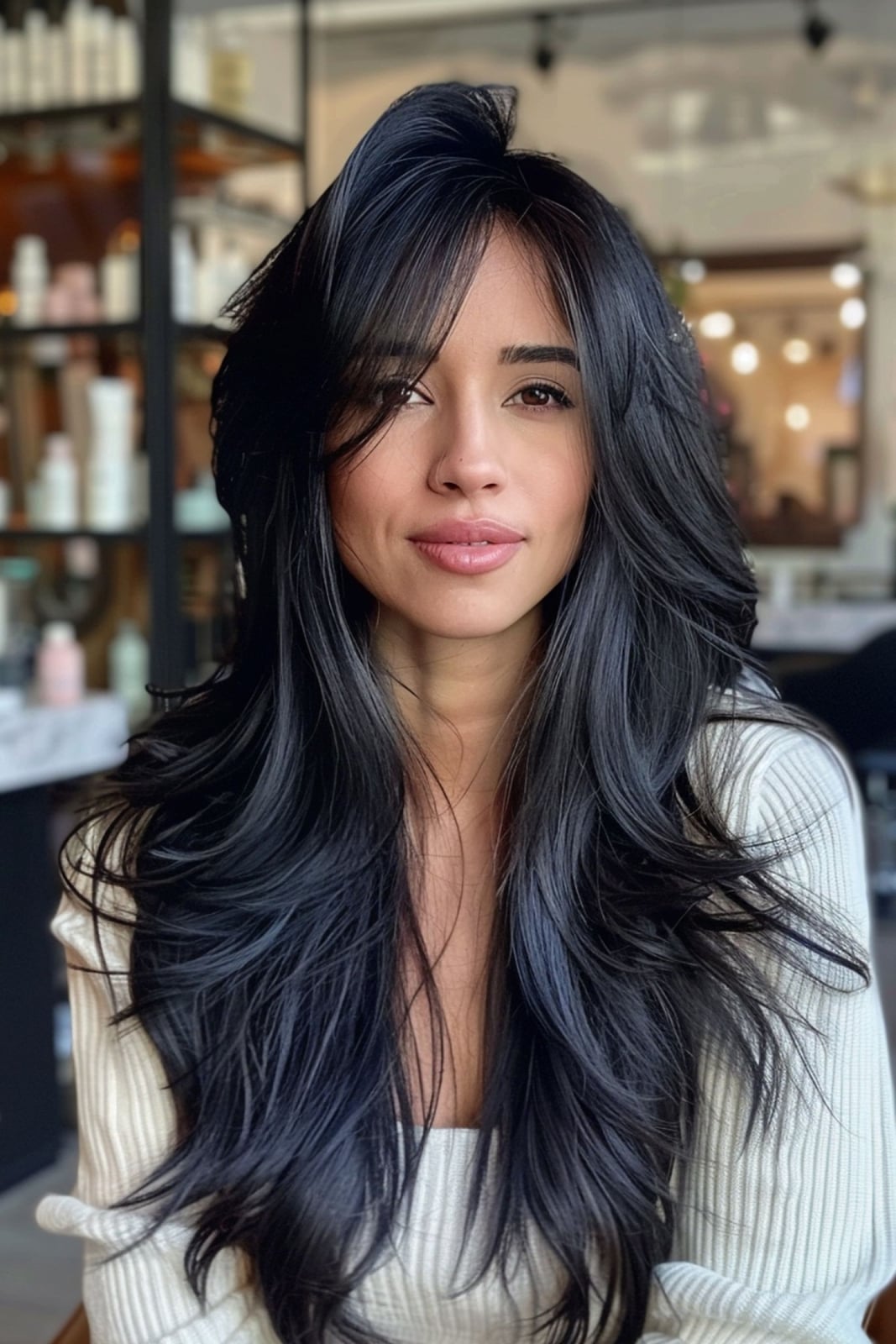 Mid-Back Layers With Side Swept Bangs Mid-Back Layers With Side Swept Bangs