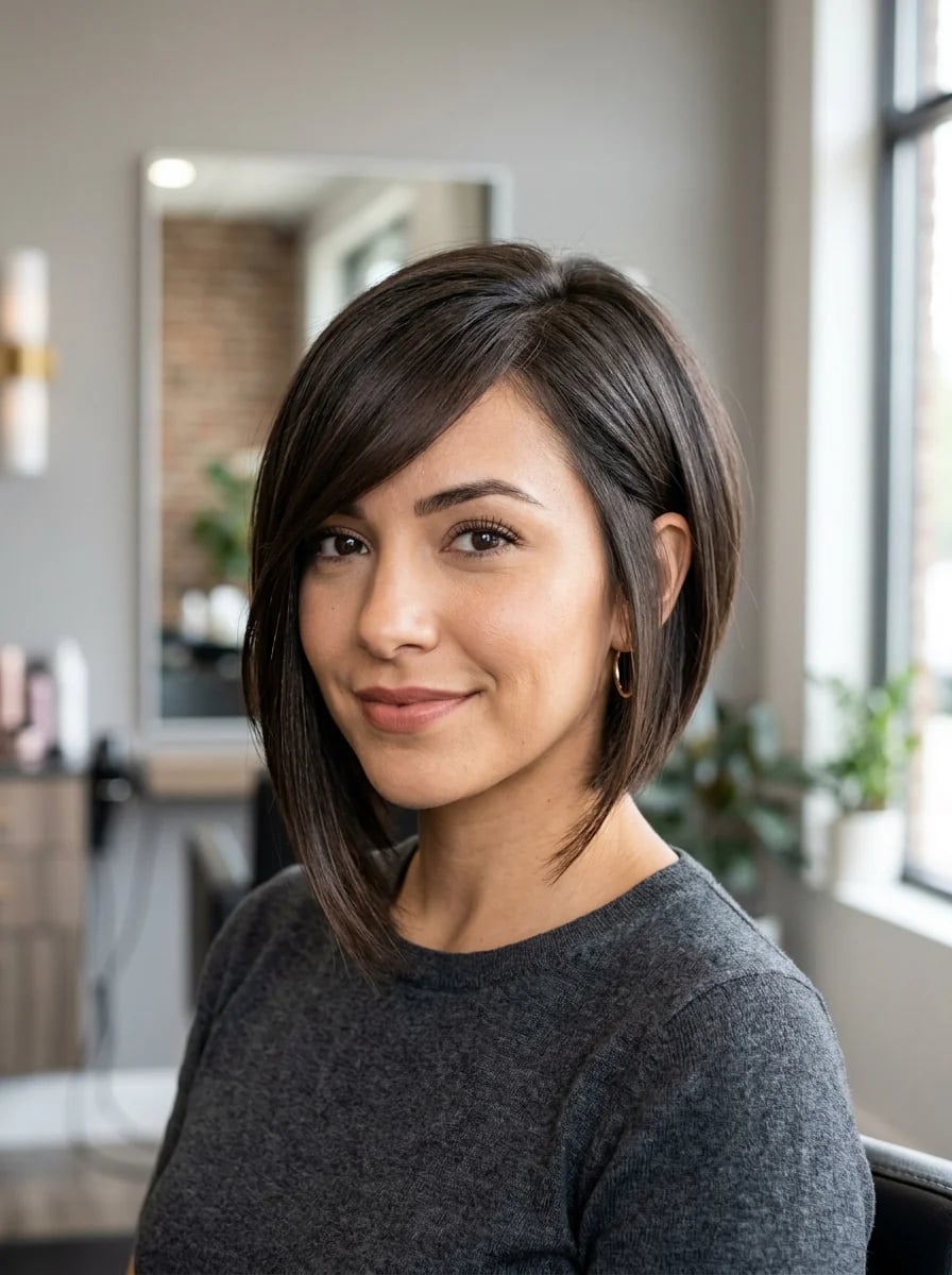 Shoulder Length Layers With Subtle Highlights Shoulder Length Layers With Subtle Highlights — Side Swept Bangs