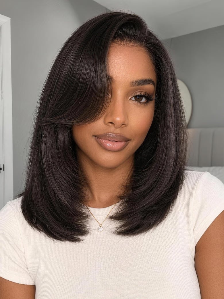 Dark Brown Collarbone Bob With Bangs Dark Brown Collarbone Bob With Bangs — Side Swept Bangs
