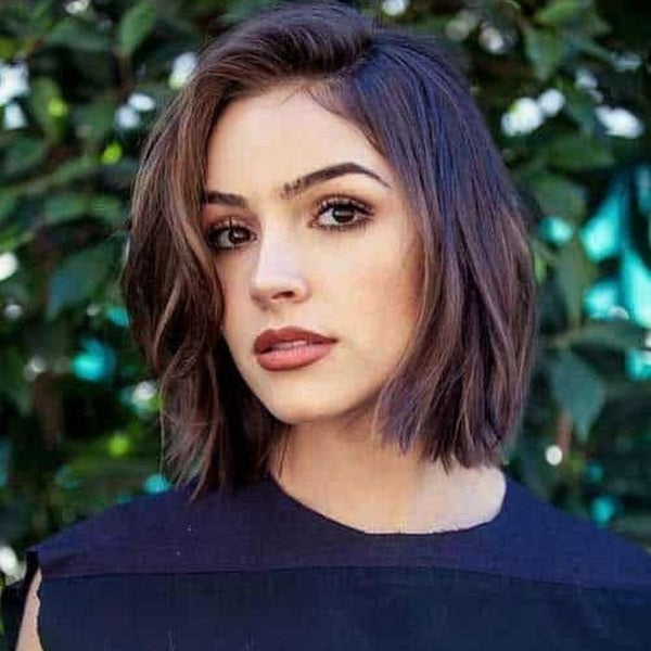 Dark Brown Bob With Wavy Blowout Dark Brown Bob With Wavy Blowout — Side Swept Bangs