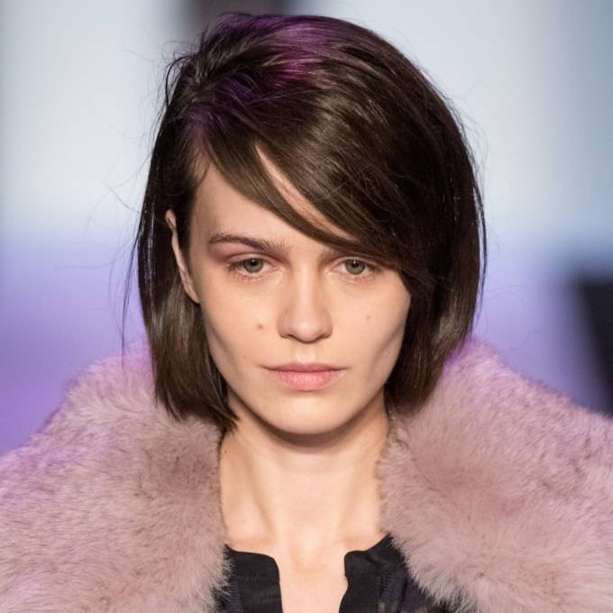 Fine Dark Brown Bob With Air-Dried Bangs Fine Dark Brown Bob With Air-Dried Bangs — Side Swept Bangs