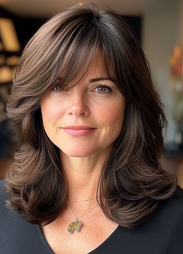 Layered Lob With Caramel Highlighted Bangs Layered Lob With Caramel Highlighted Bangs — Side Swept Bangs