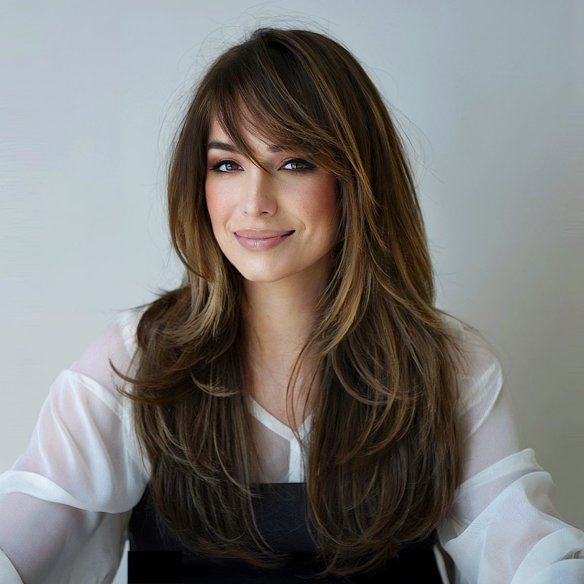 Dark Brown Mid-Back Cut With Balayage Dark Brown Mid-Back Cut With Balayage — Side Swept Bangs