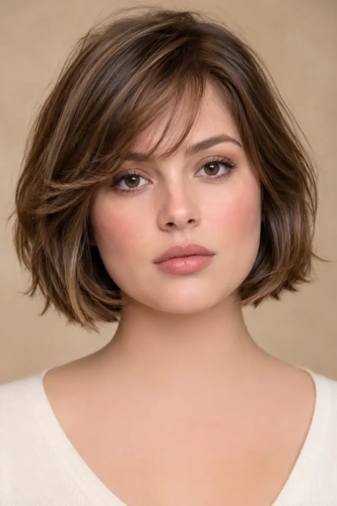 Chin Length Wavy Bob With Balayage Chin Length Wavy Bob With Balayage — Side Swept Bangs