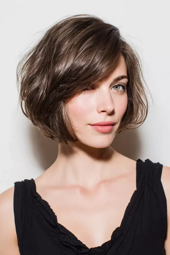 Dark Brown Chin Bob With Textured Finish Dark Brown Chin Bob With Textured Finish — Side Swept Bangs