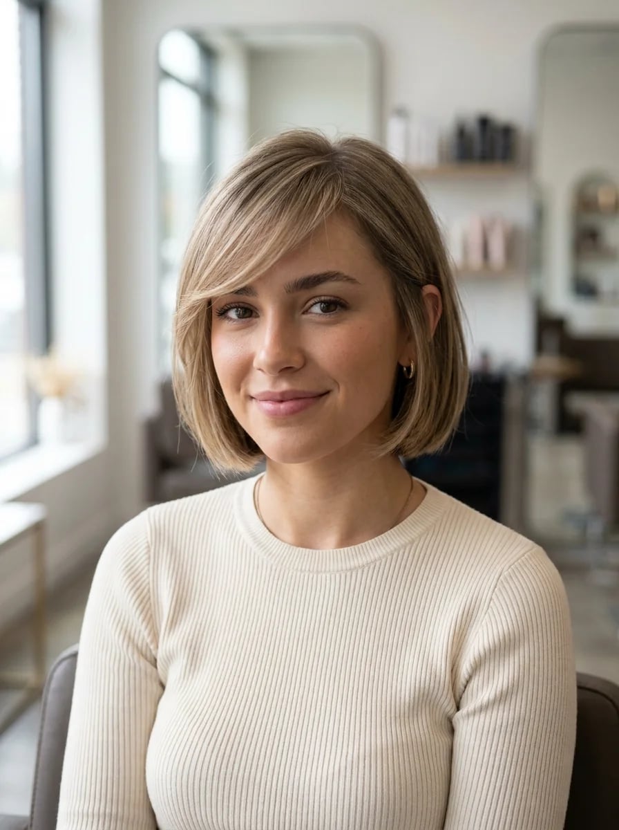 Light Brown Chin Bob With Curled Ends Light Brown Chin Bob With Curled Ends — Side Swept Bangs