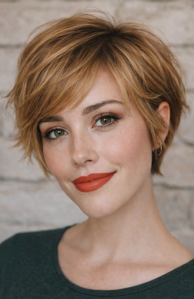 Honey Blonde Pixie With Choppy Layers Honey Blonde Pixie With Choppy Layers — Side Swept Bangs
