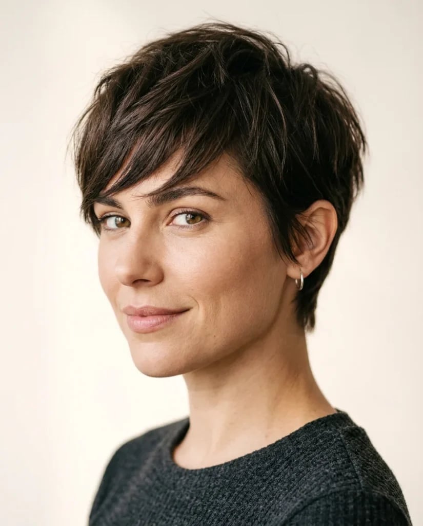 Textured Dark Brown Pixie With Wavy Bangs Textured Dark Brown Pixie With Wavy Bangs — Side Swept Bangs