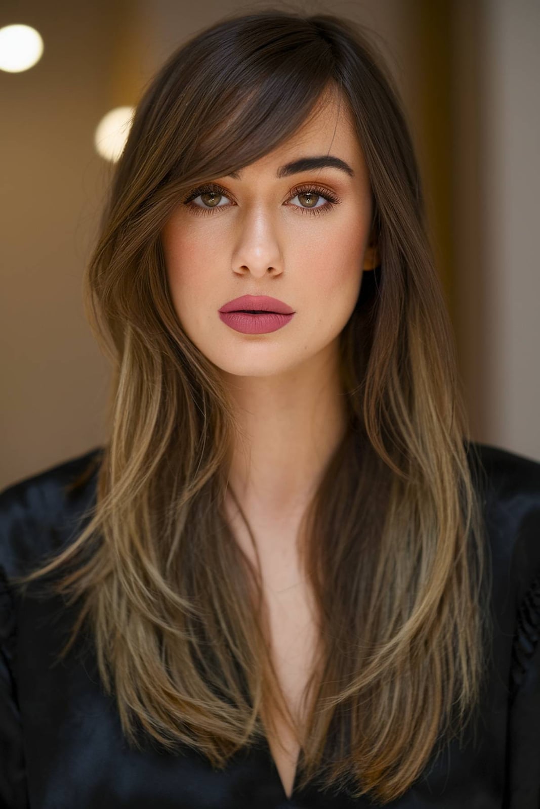 Ash Brown Mid-Back Layers With Balayage and A Woman With Thick Ash Brown Mid-Back Layers With Balayage and A Woman With Thick — Side Swept Bangs