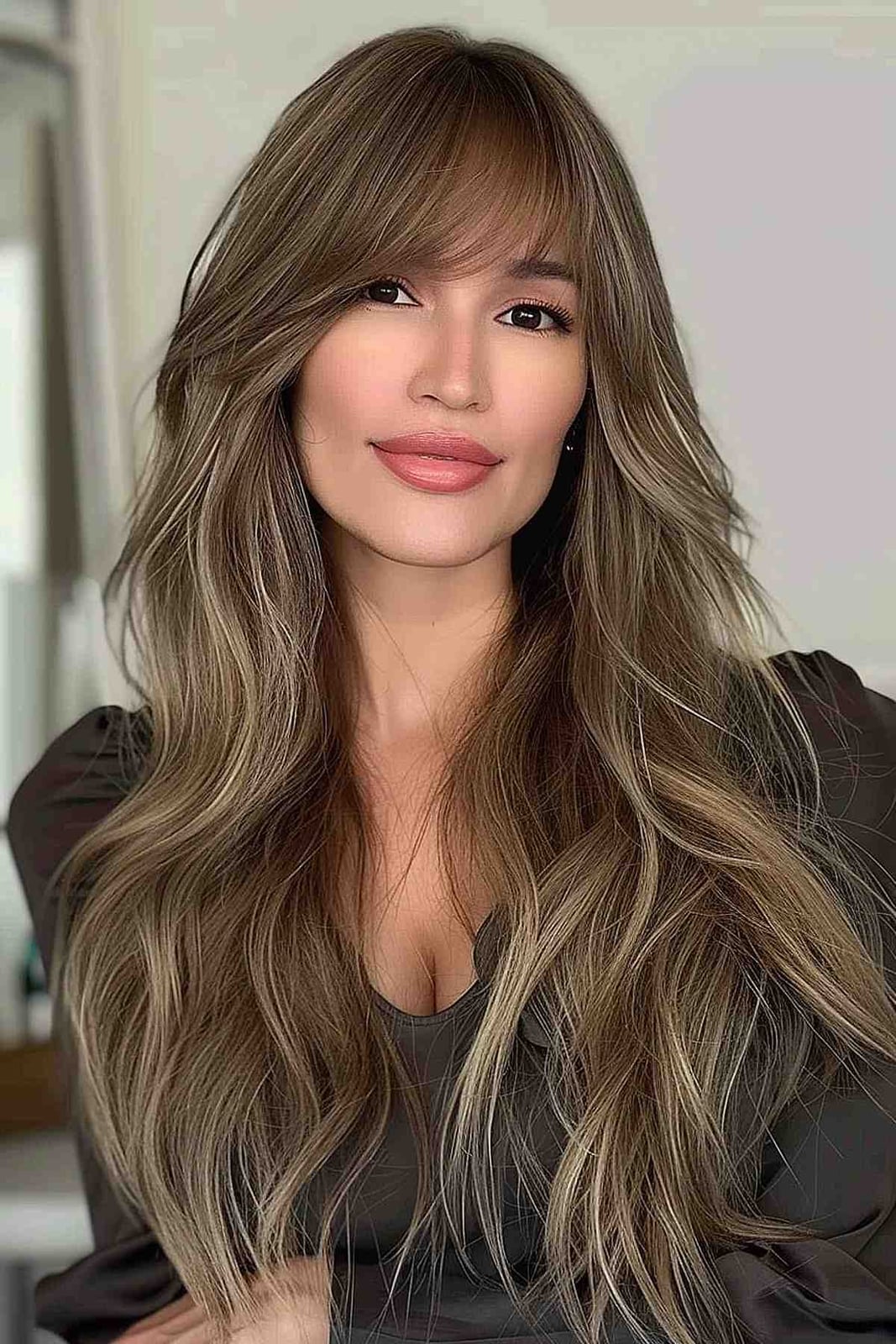 Thick Wavy Ash Brown With Balayage Thick Wavy Ash Brown With Balayage — Side Swept Bangs