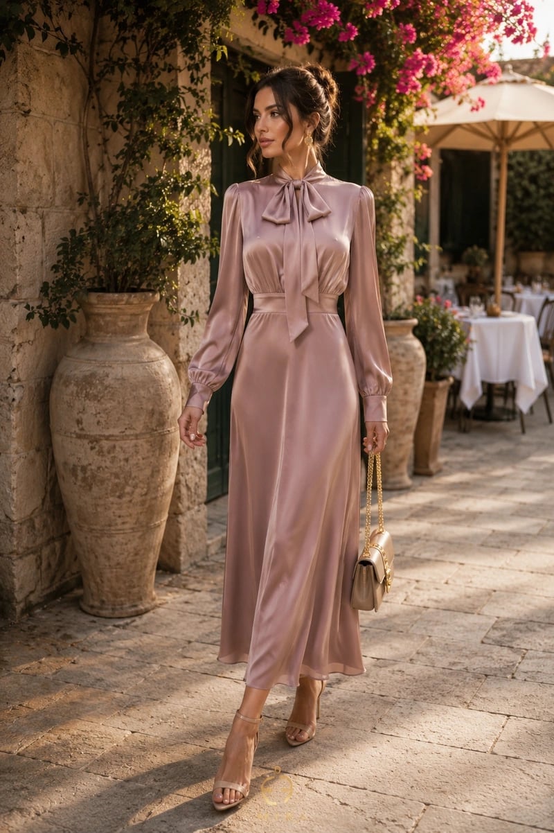Dusty Rose Satin Midi Dress with Bow Tie Neck Dusty Rose Satin Midi Dress with Bow Tie Neck — Silk Dresses