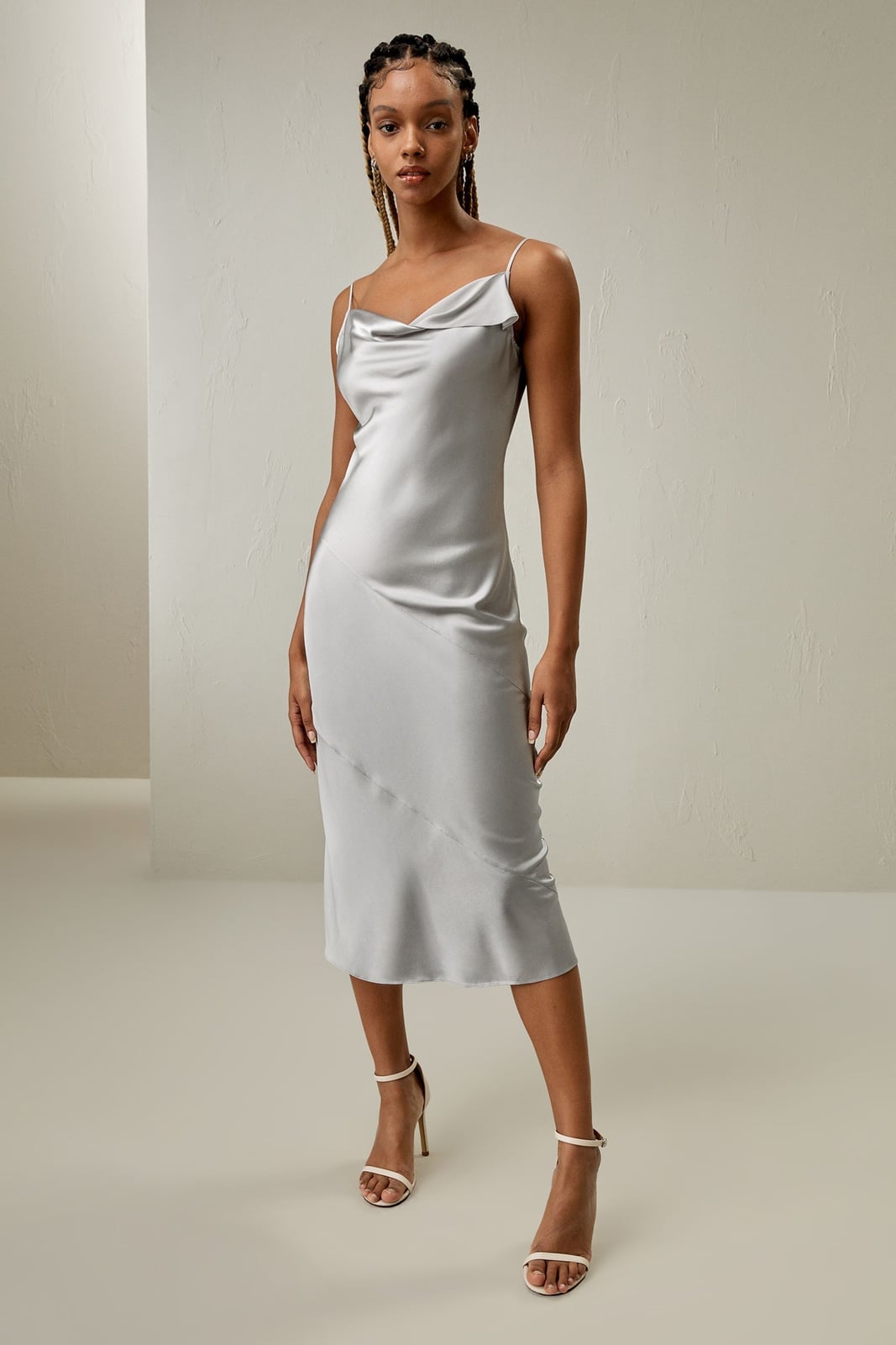 Deep Blue Silk Midi Dress with Cowl Neck and Tie and Bias Cut Deep Blue Silk Midi Dress with Cowl Neck and Tie and Bias Cut — Silk Dresses