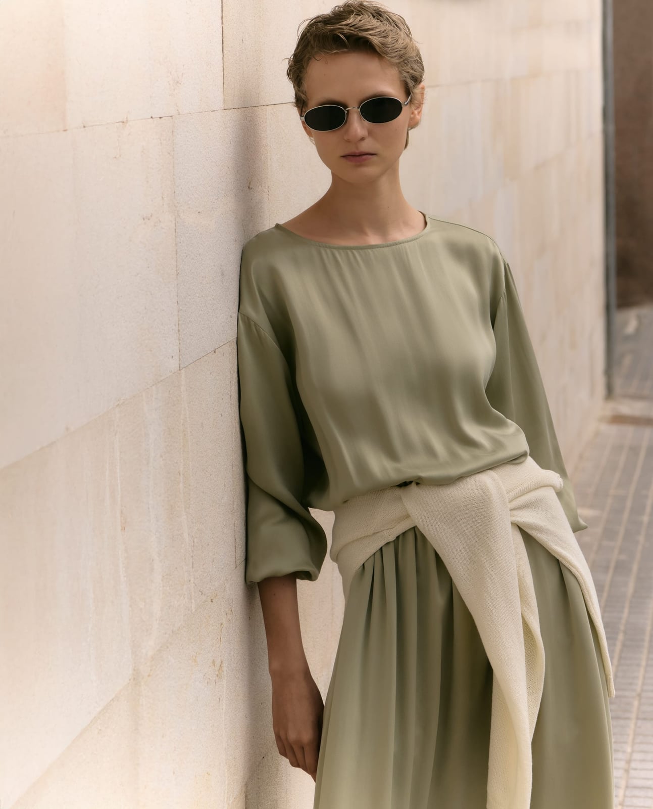 Sage Green Silk Dress with Tied Sweater Sage Green Silk Dress with Tied Sweater — Silk Dresses