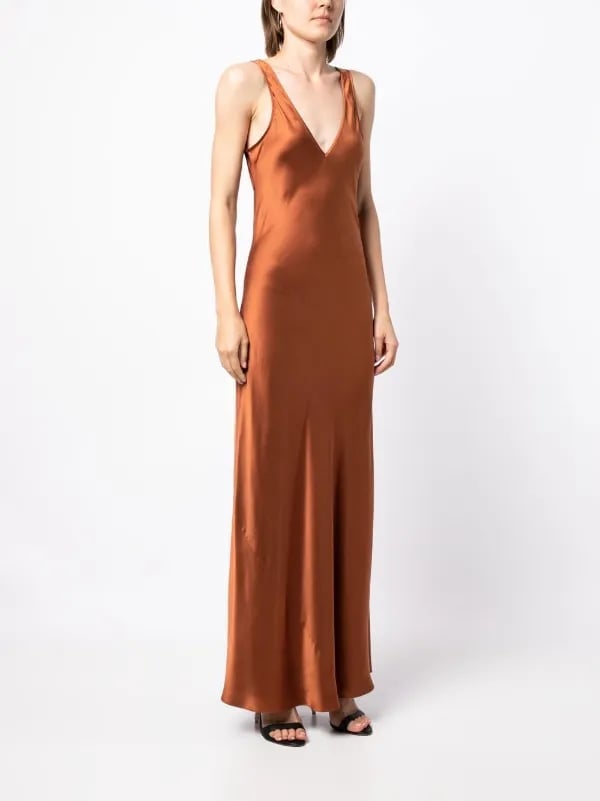 Brown Satin Silk Sleeveless Maxi Dress Brown Satin Silk Sleeveless Maxi Dress — Silk Dresses