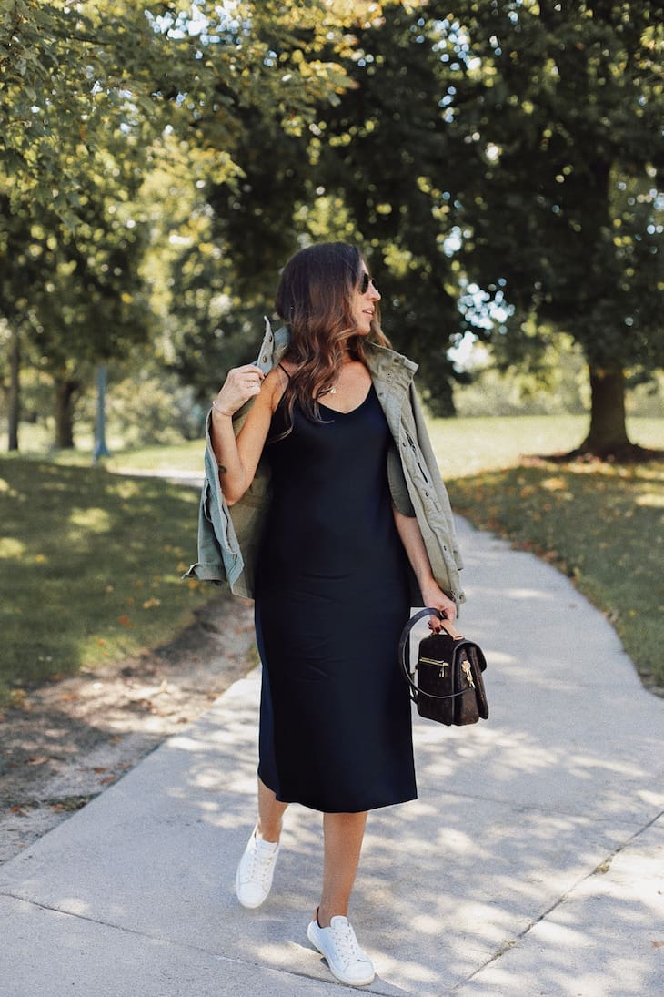 Navy Silk Slip Dress with Utility Jacket, Close-Up Take Navy Silk Slip Dress with Utility Jacket, Close-Up Take — Silk Dresses
