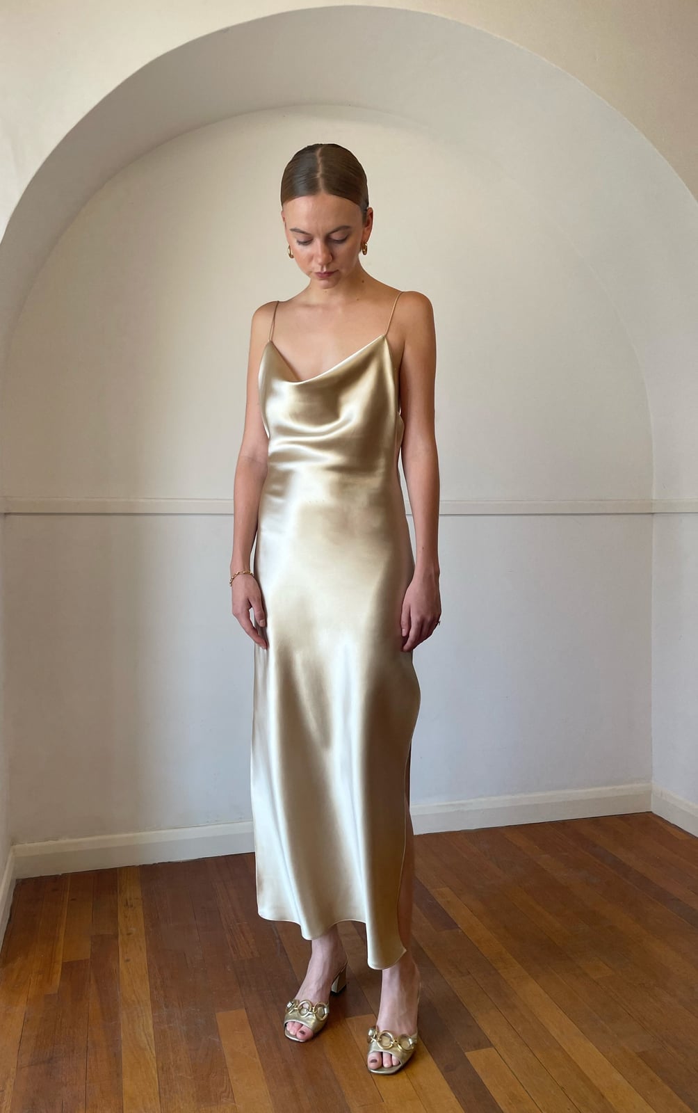Champagne Silk Satin Midi Dress with Cowl Neck Champagne Silk Satin Midi Dress with Cowl Neck — Silk Dresses