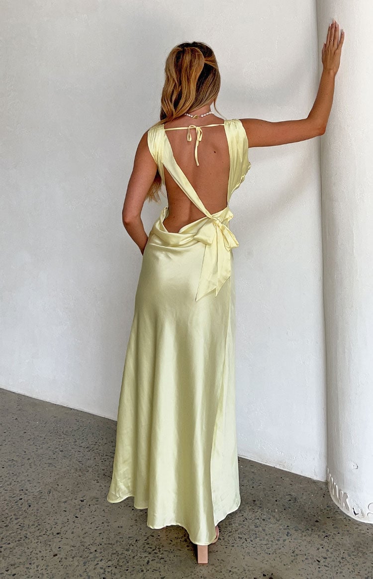 Pale Yellow Satin Maxi Dress with Open Back and Strappy Heeled Sandals Pale Yellow Satin Maxi Dress with Open Back and Strappy Heeled Sandals — Silk Dresses