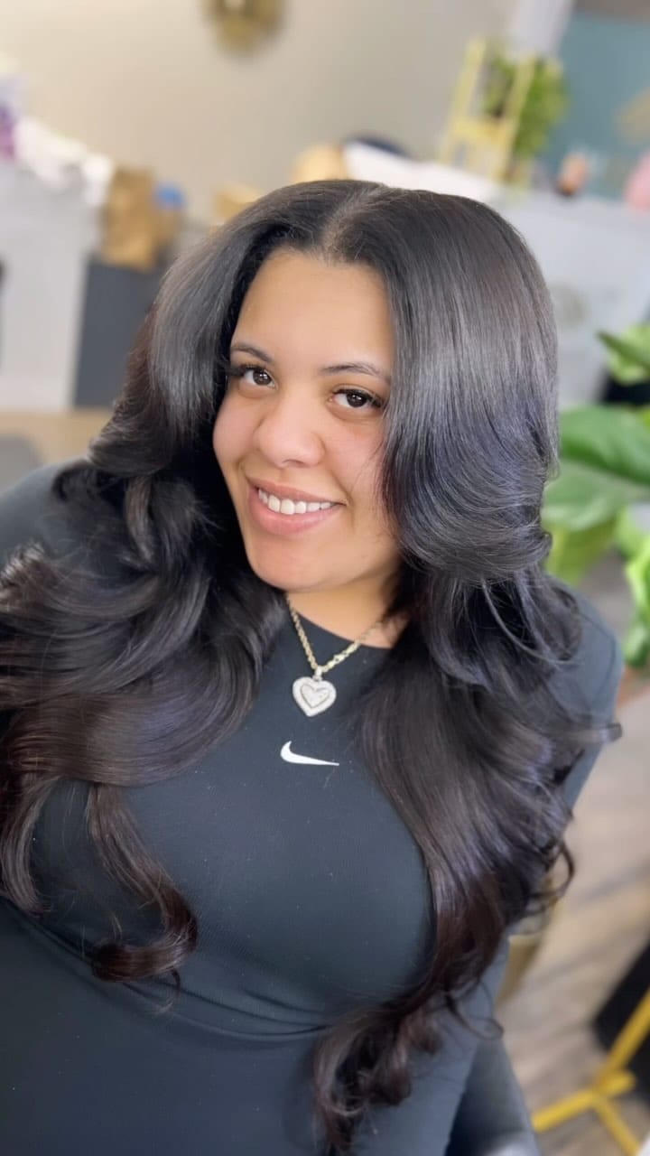 Mid-Back Voluminous Blowout With Side Bangs — Silk Press Hairstyles