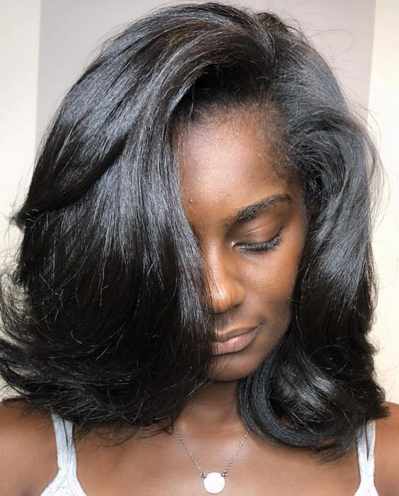 Collarbone Layered Bob With Curls, Black — Silk Press Hairstyles