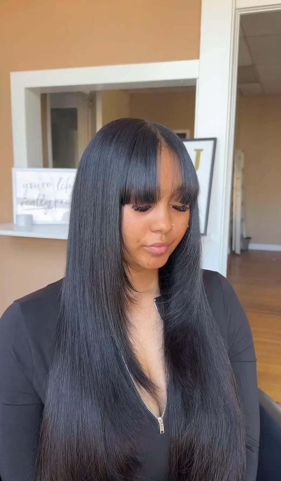 Chin Length Bob With Blunt Bangs and Appears Thick And Healthy — Silk Press Hairstyles