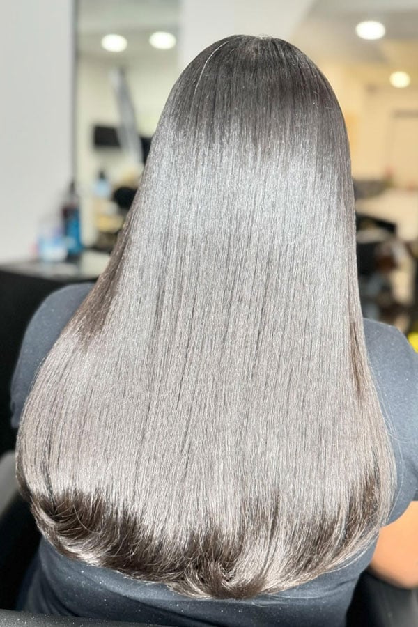 Mid-Back Length Blunt Cut In Dark Gray — Silk Press Hairstyles