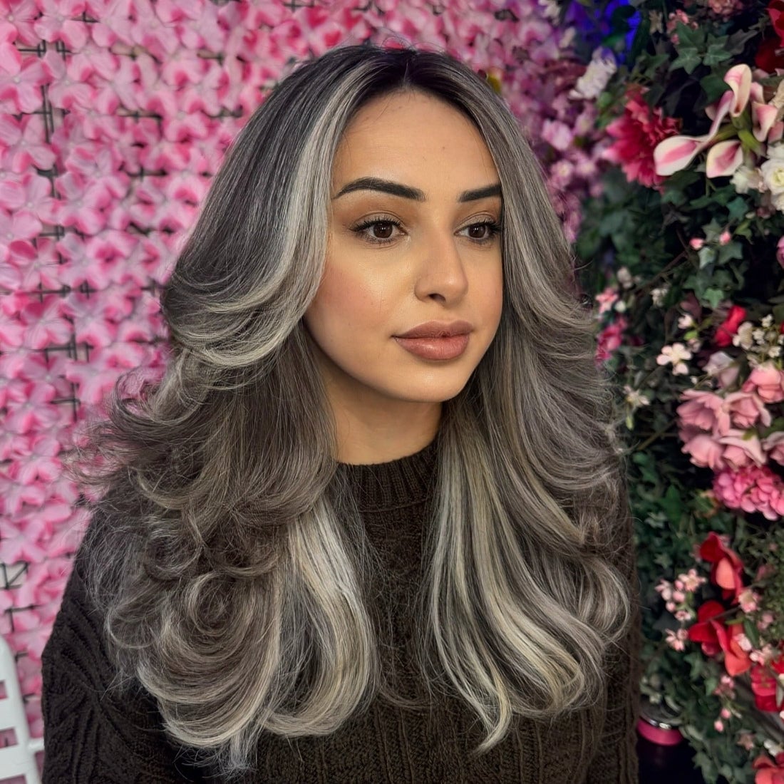 Collarbone Layers With Voluminous Blowout and Silver Highlights