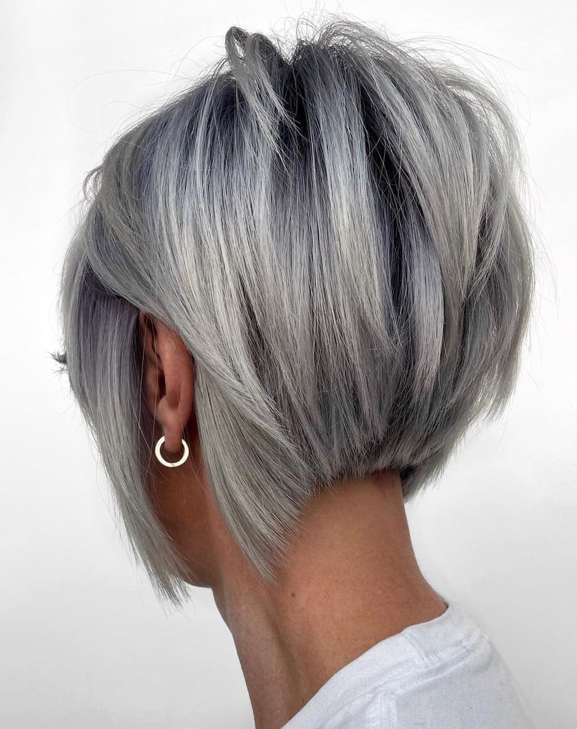 Short Stacked Bob With Silver Highlights