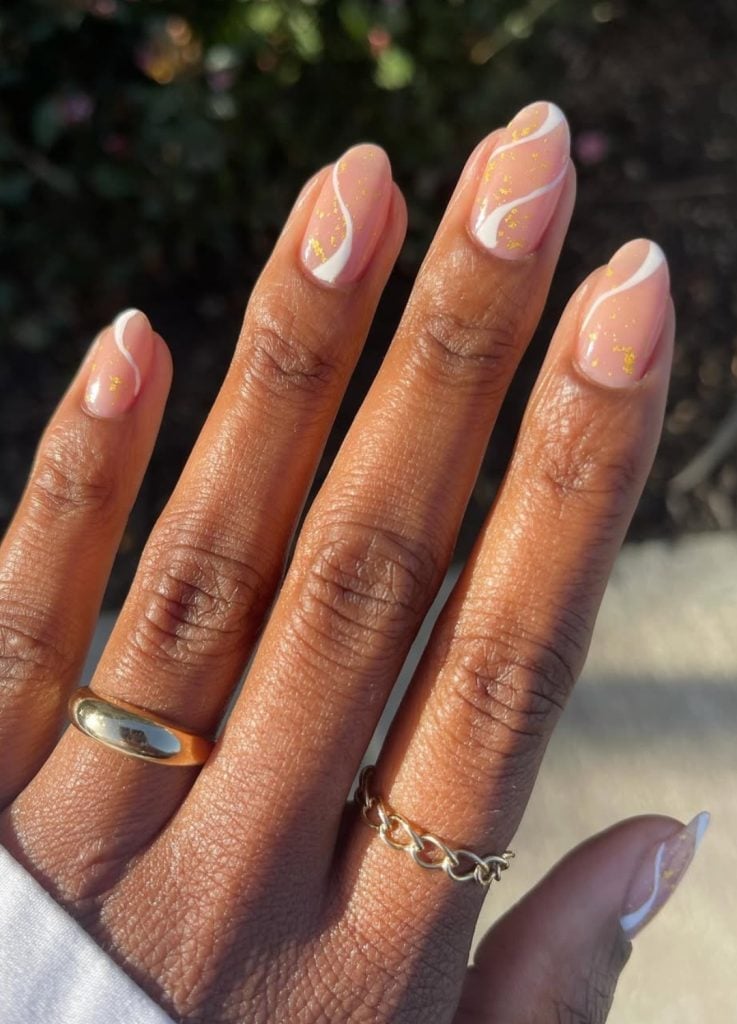 Sheer Pink Short Almond Abstract Swirls Sheer Pink Short Almond Abstract Swirls — Simple New Years Nails