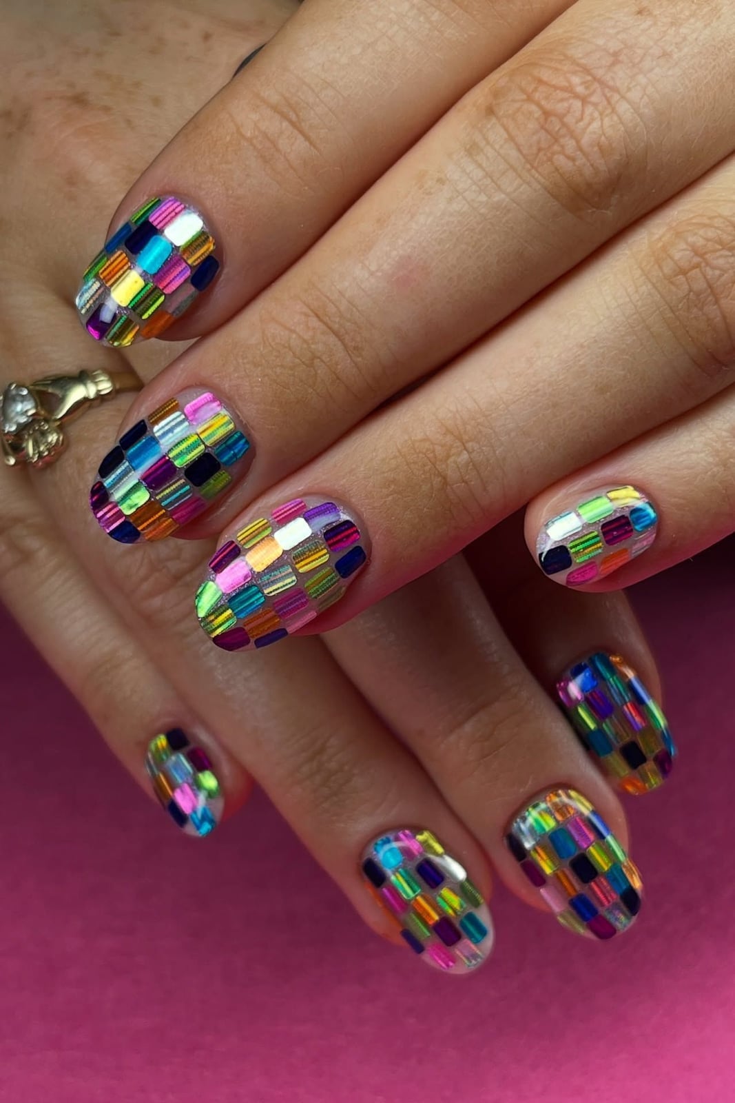 Mosaic Squares Short Oval Nails Mosaic Squares Short Oval Nails — Simple New Years Nails