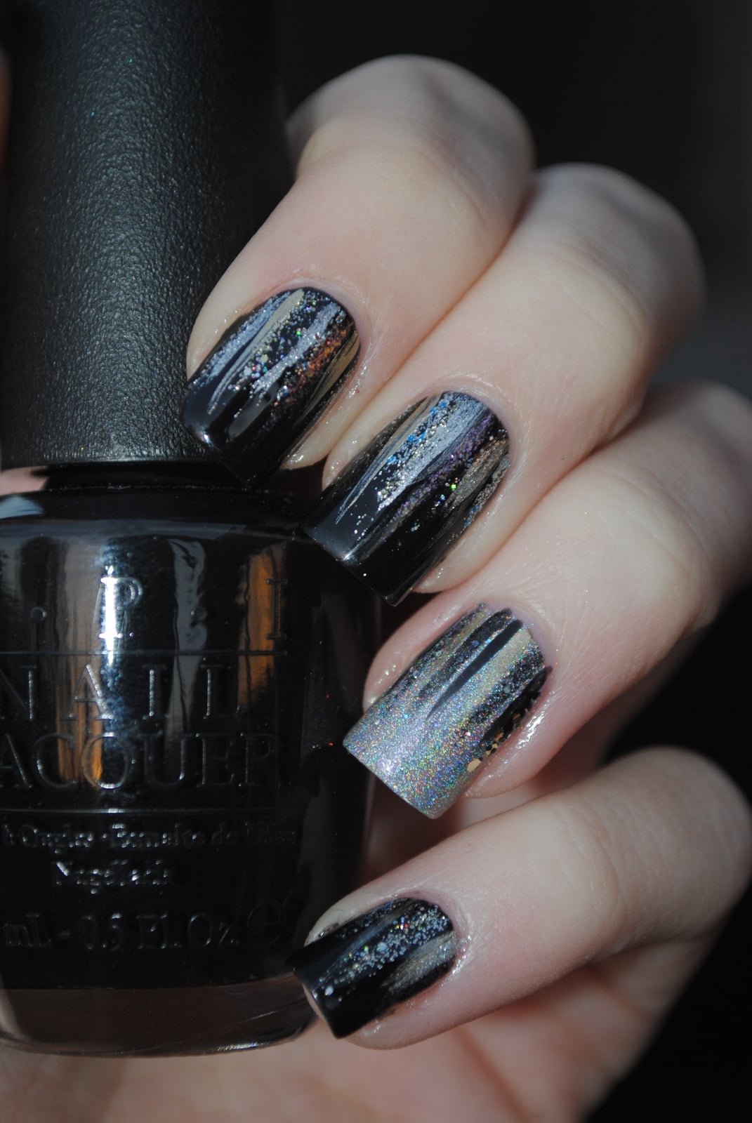 Black Short Square with Iridescent Stripes Black Short Square with Iridescent Stripes — Simple New Years Nails