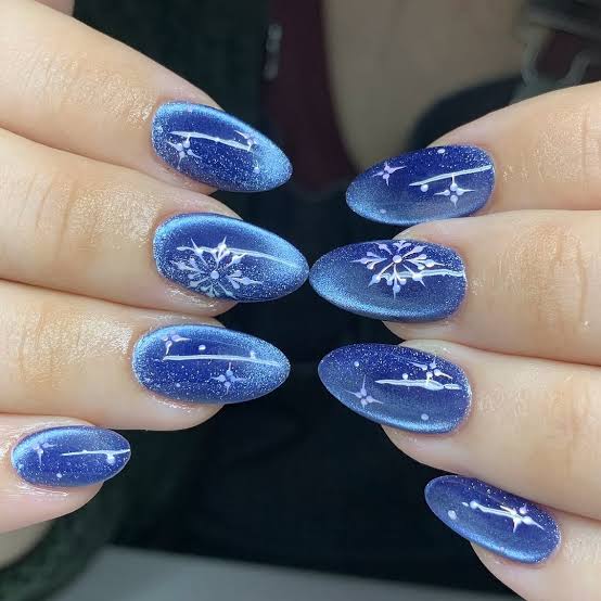 Dark Blue Almond Nails with Snowflakes Dark Blue Almond Nails with Snowflakes — Simple New Years Nails