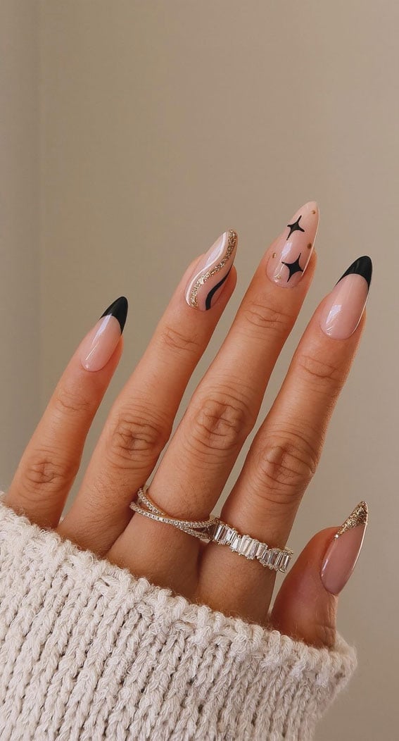 Sheer Nude Medium Almond Black Star French, Glossy Sheer Nude Medium Almond Black Star French, Glossy — Simple New Years Nails