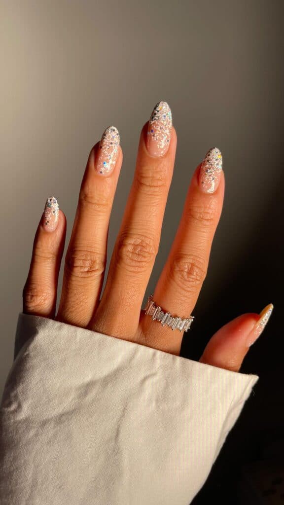 Nude Pink Long Almond Silver Metallic French Nude Pink Long Almond Silver Metallic French — Simple New Years Nails