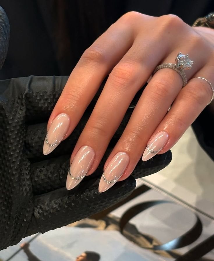 Sheer Pink Long Almond with Glitter Accents Sheer Pink Long Almond with Glitter Accents — Simple New Years Nails