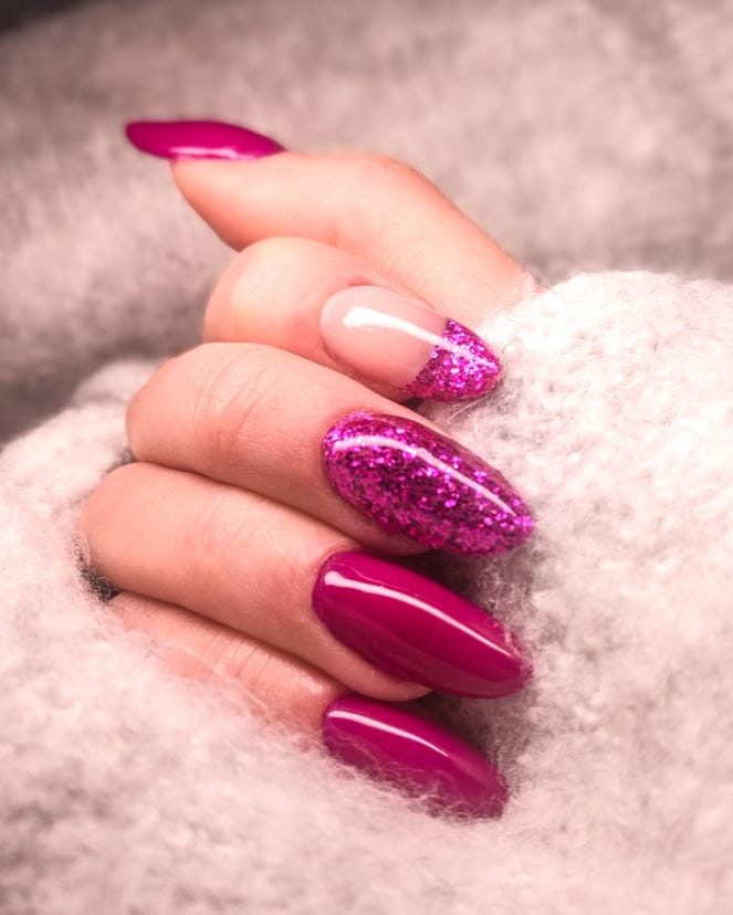 Fuchsia Short Almond Glitter French Tip Fuchsia Short Almond Glitter French Tip — Simple New Years Nails