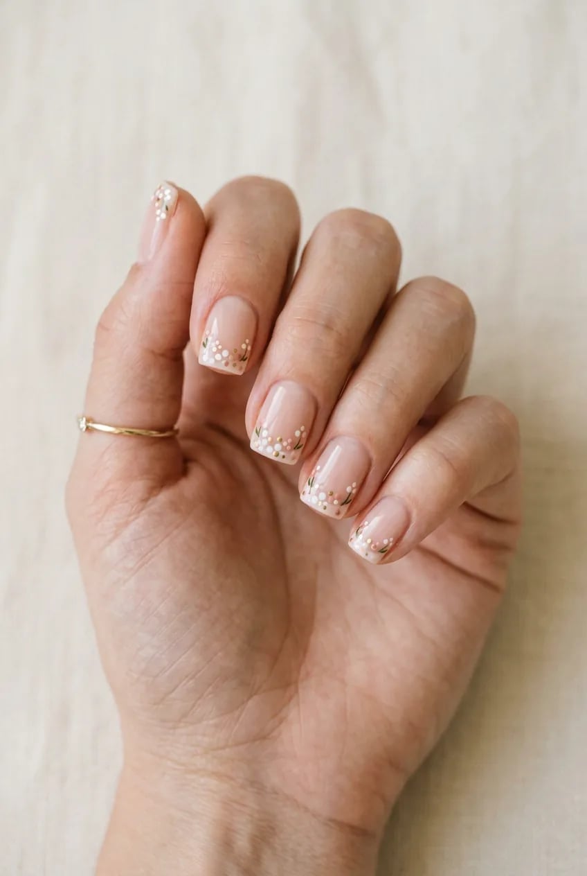 French Tip Floral Short Square Nails, Sheer Pink French Tip Floral Short Square Nails, Sheer Pink — Simple Short Nails