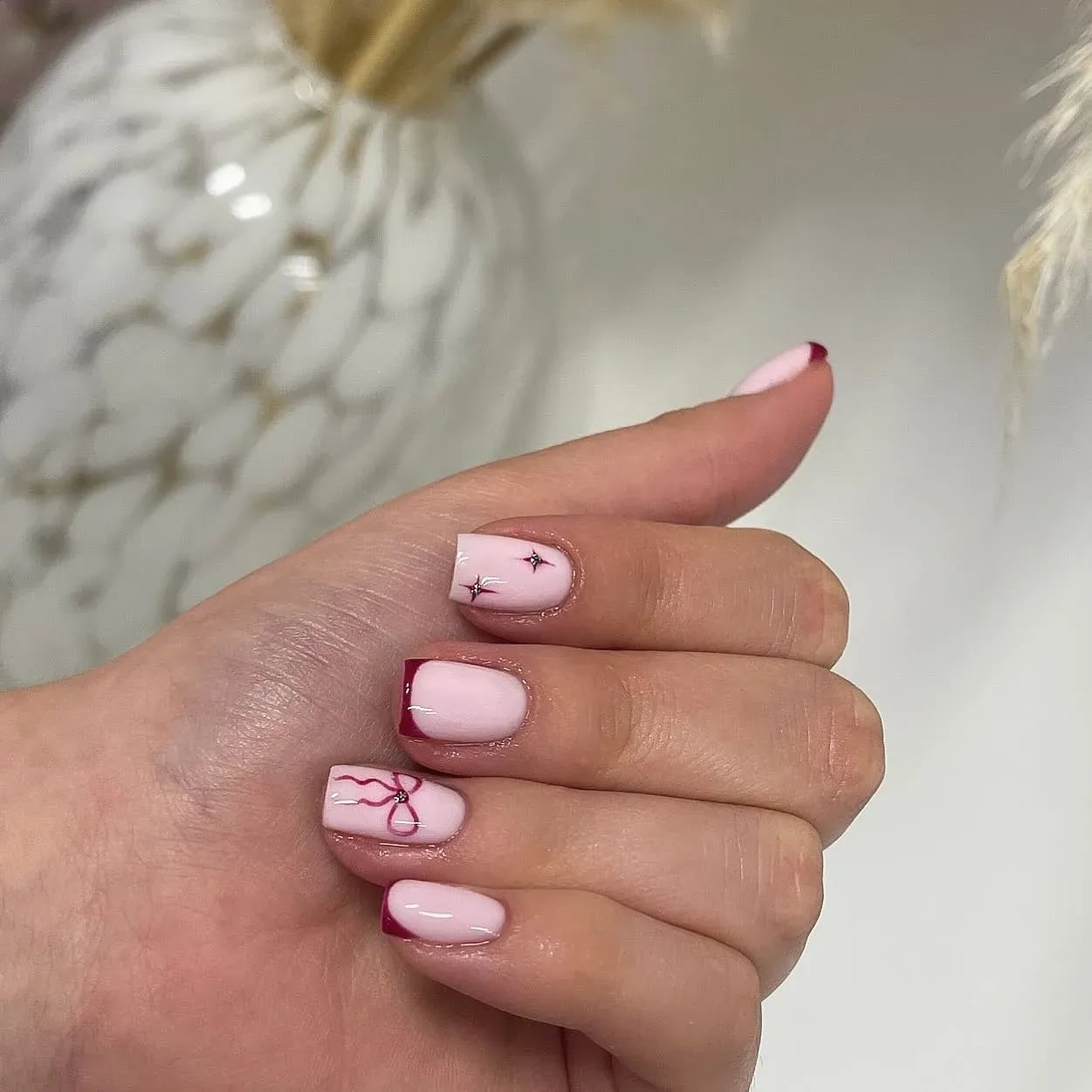 Pink Bow Burgundy French Tip Short Square Nails Pink Bow Burgundy French Tip Short Square Nails — Simple Short Nails