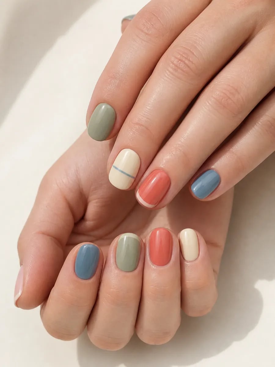 Multi-Color Palette Thin Blue Line Short Oval Nails Multi-Color Palette Thin Blue Line Short Oval Nails — Simple Short Nails