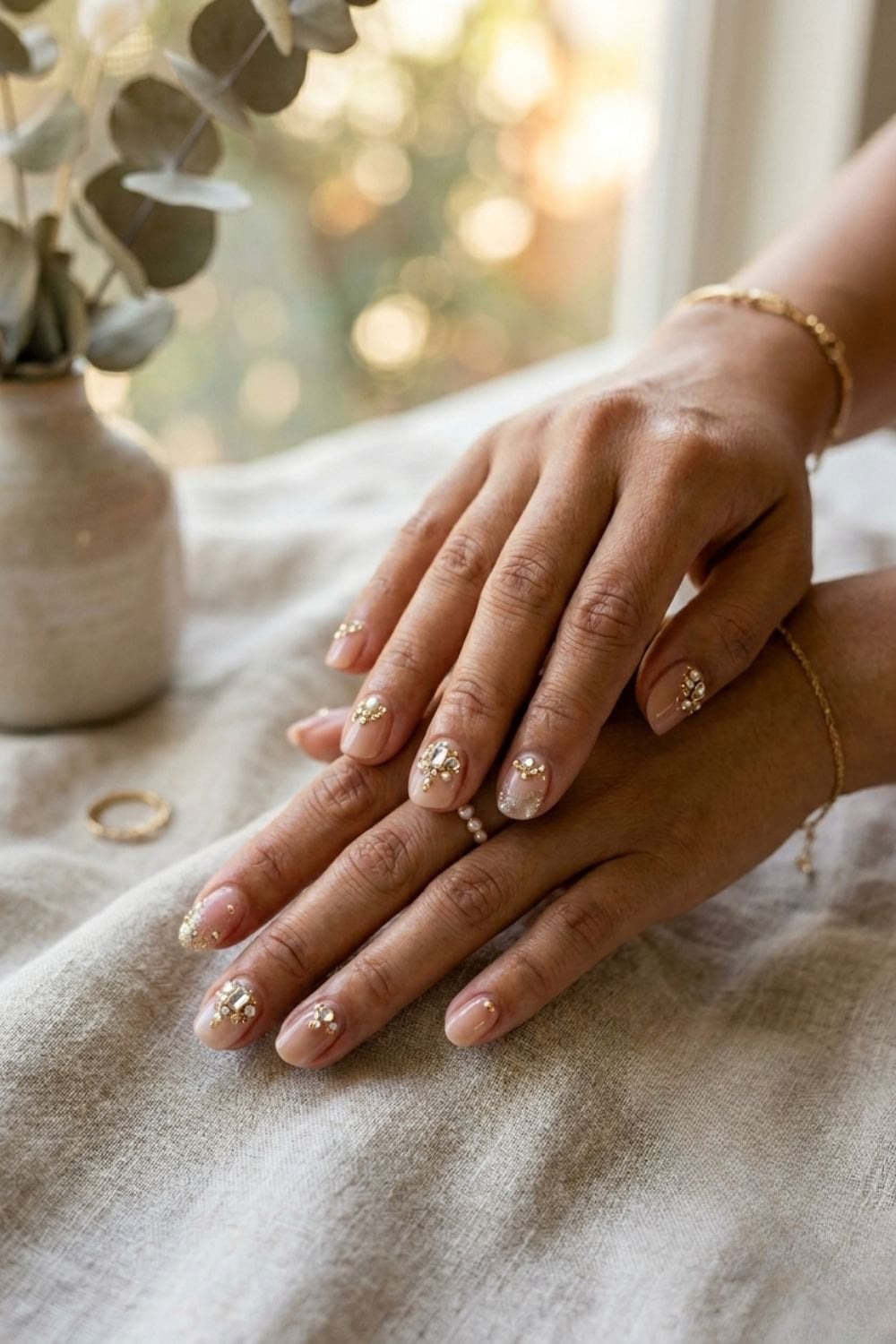 Gold Foil Rhinestone Short Square Nails Gold Foil Rhinestone Short Square Nails — Simple Short Nails