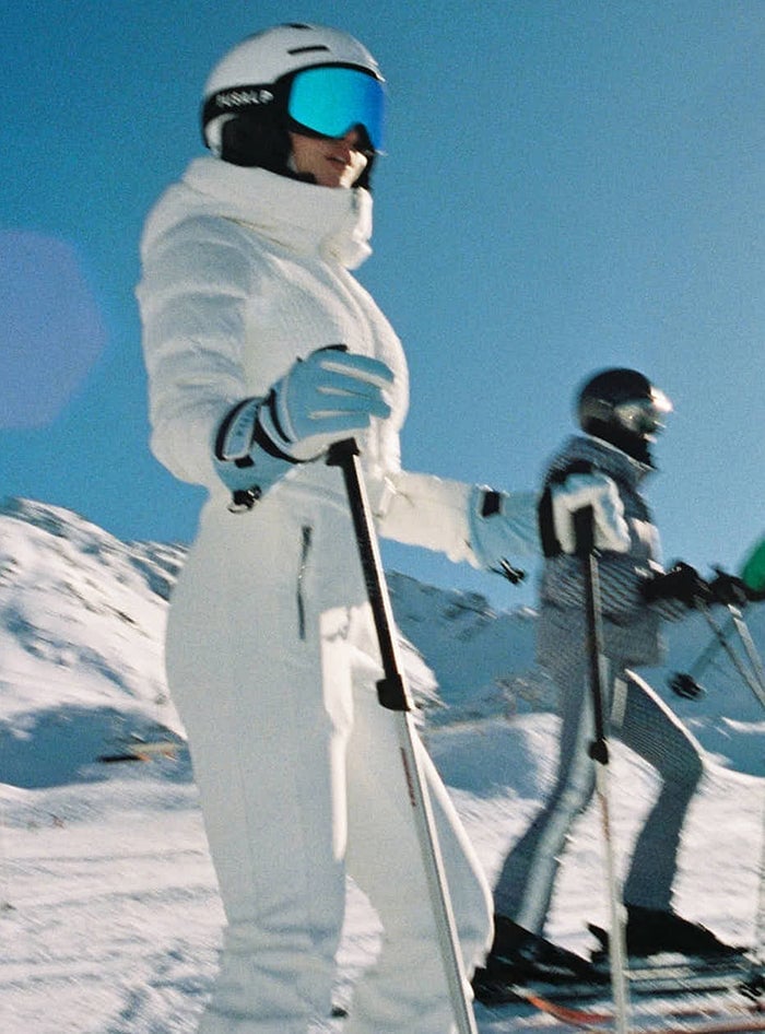 Sleek white ski suit with light blue accents, Technical Shell — Skiing Outfit