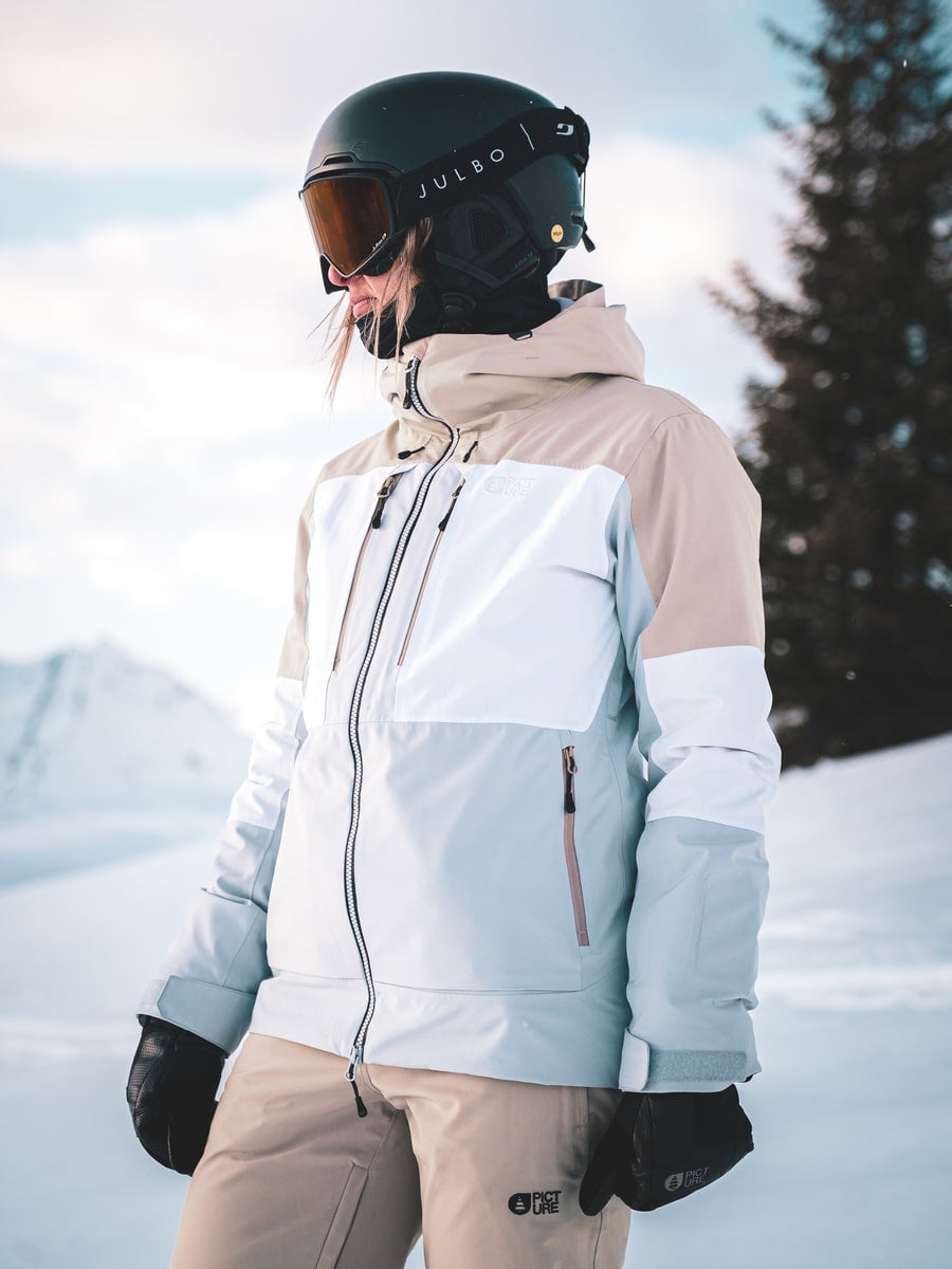 Color-block ski jacket with neutral ski pants — Skiing Outfit