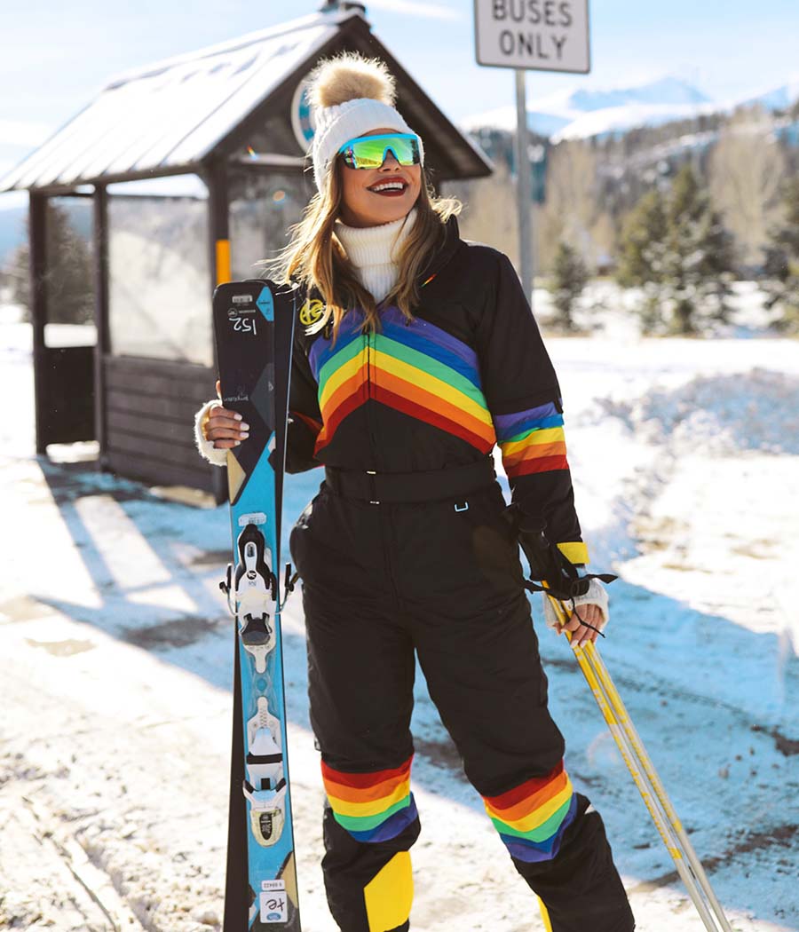 Black ski suit with rainbow stripes and white accents, Nylon — Skiing Outfit