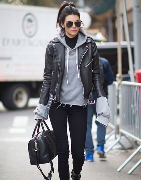 Leather Moto Jacket Over Hoodie with Black Jeans — Skinny Jeans Outfits