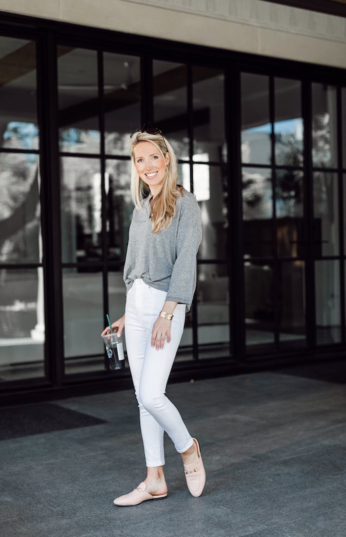 White High-Waisted Skinny Jeans with Gray Knit Top, Close-Up Take — Skinny Jeans Outfits